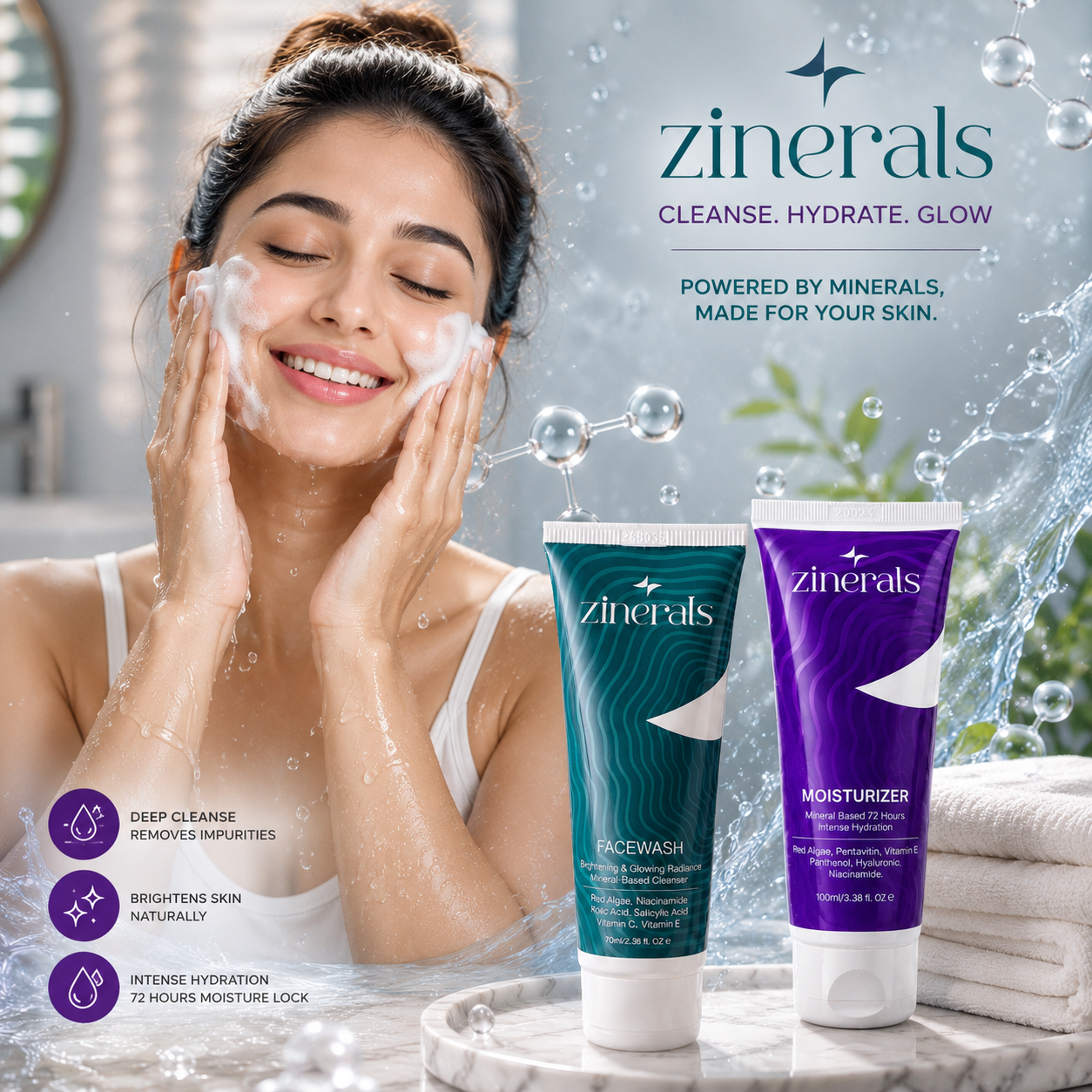 Zinerals Glow Duo | Brightening Face Wash + 72HR Moisturizer | Save ₹79